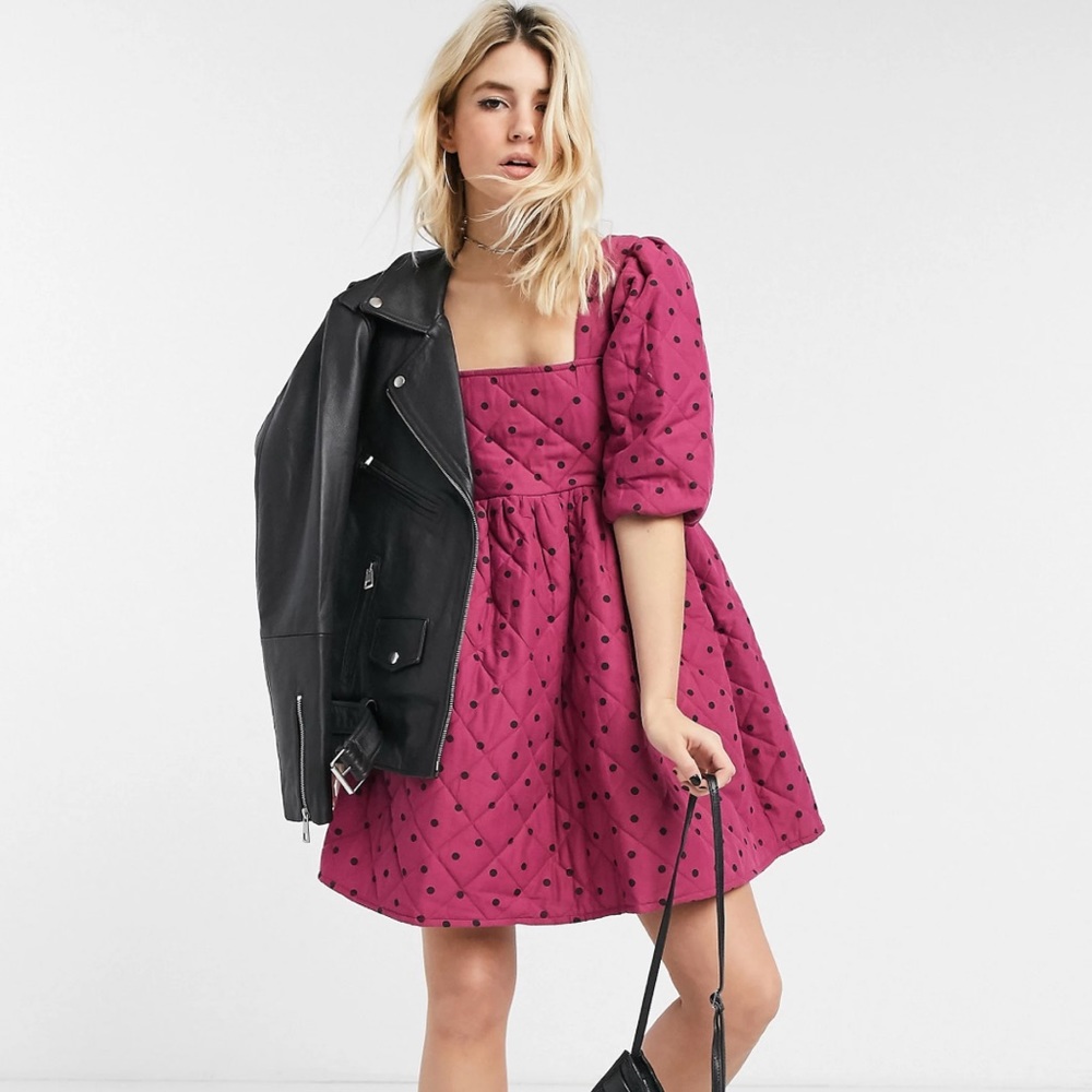 Asos Quilted Raspberry Polka Dot Babydoll Dress, US 4